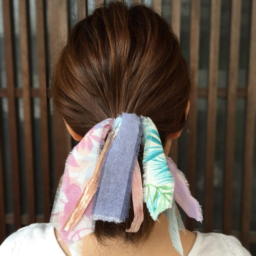 裂き布フリンジヘアゴム＊ハワイアン＊リーフ柄 ヘアゴム ふうちゃん