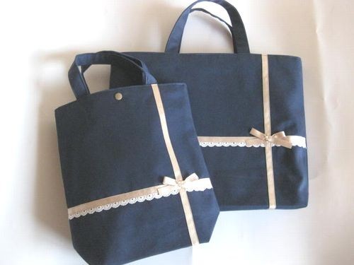 通学通園2点セット　紺×ベージュリボンレース