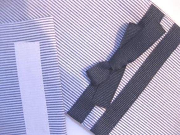 ハサミ・定規・ハーモニカ・リコーダー巾着　ストライプ×紺リボン 2枚目の画像