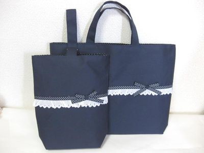 通学通園2点セット　紺×紺ドット柄リボン
