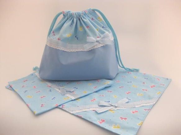 リボン柄お弁当袋セット リボン結びお弁当袋 《ダルメシアン柄×カーキ》選べる口ゴム又は