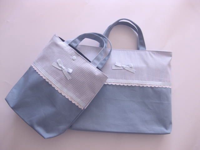 通学通園2点セット　ライトブルー×水色ストライプステッチリボン