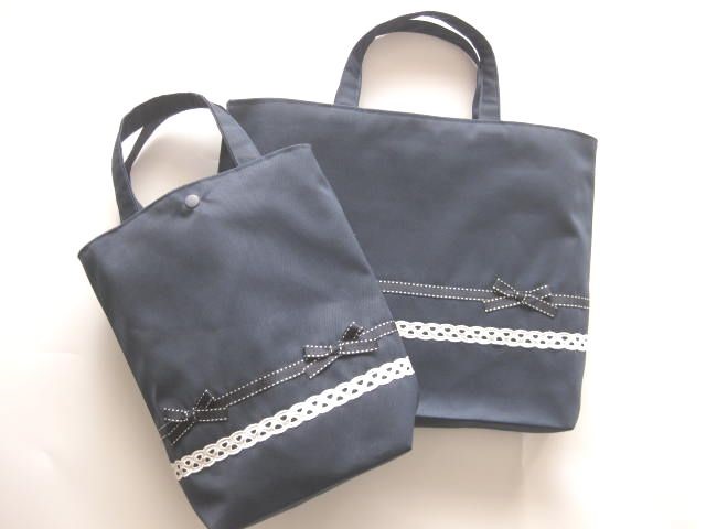 通学通園2点セット　紺×ステッチリボンレース