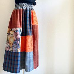 チェック×オレンジフリンジのパッチワークロングスカート】 フレア