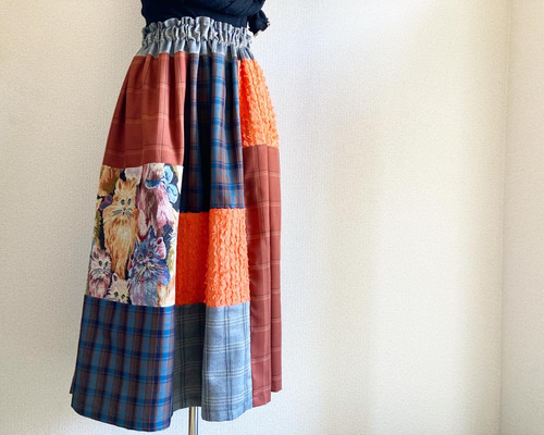 チェック×オレンジフリンジのパッチワークロングスカート】 フレア