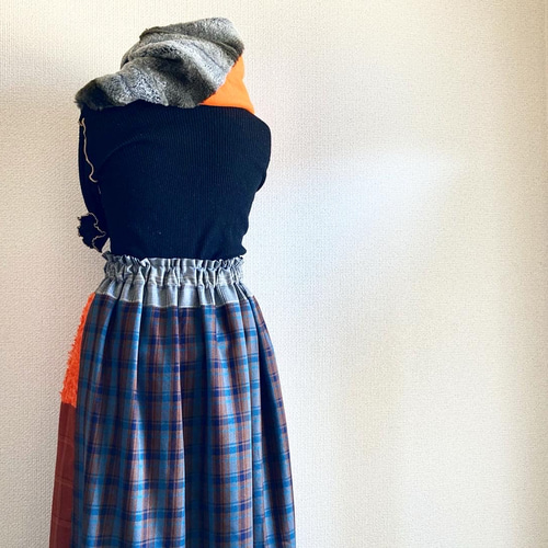 チェック×オレンジフリンジのパッチワークロングスカート】 フレア