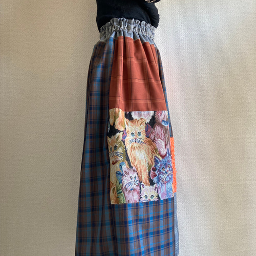 チェック×オレンジフリンジのパッチワークロングスカート】 フレア
