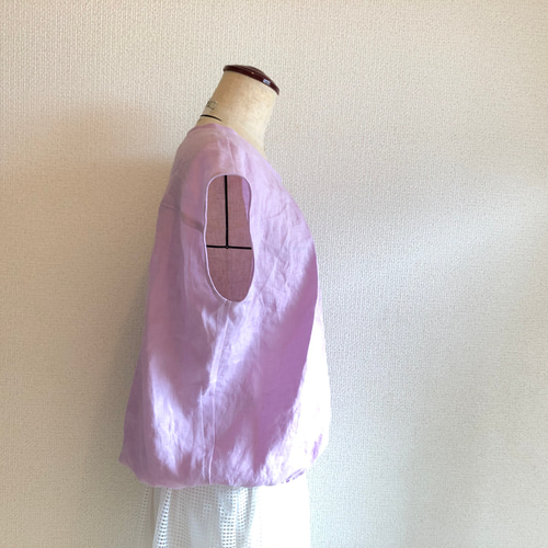 受注生産【ラベンダーのリネンフレンチスリーブブラウス