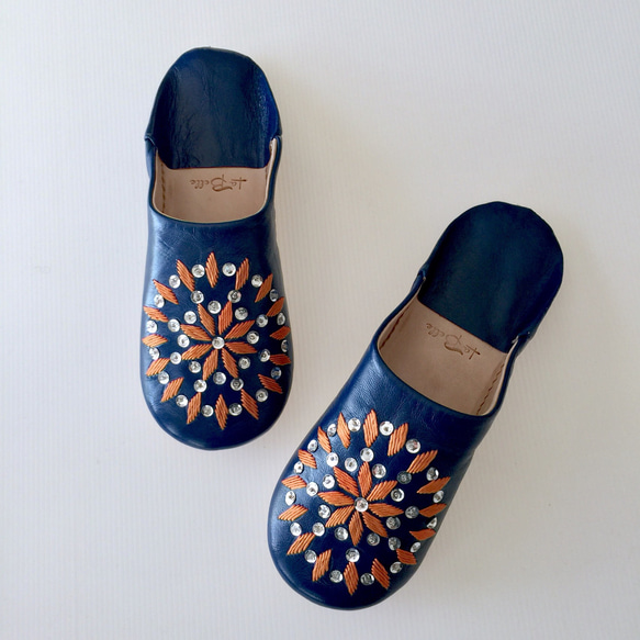 優雅的拖鞋Arinasu海軍×橙色手工縫製的刺繡 第4張的照片