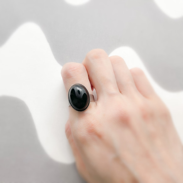 oval onyx stainless ring 天然石 オニキス18×13mm オーバルカボションリング サイズフリー 4枚目の画像