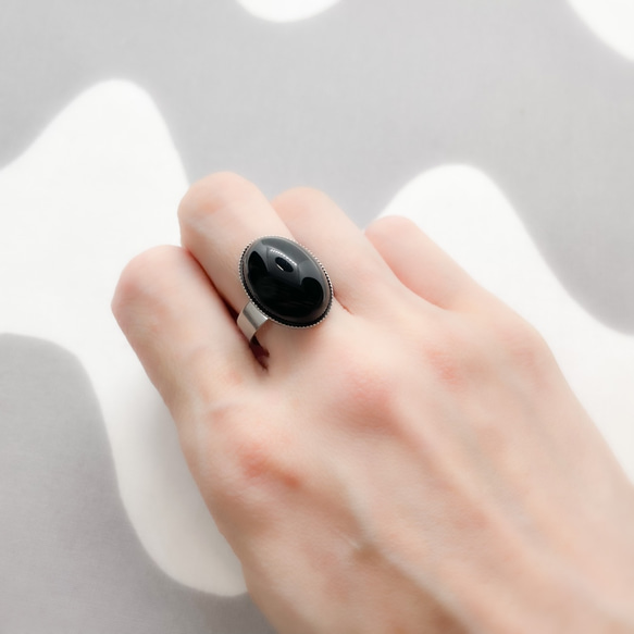 oval onyx stainless ring 天然石 オニキス18×13mm オーバルカボションリング サイズフリー 5枚目の画像