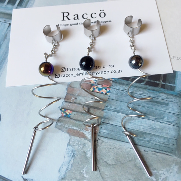 dot＋spiral＆bar earcuff  片耳  (全3タイプ) ステンレス イヤーカフ 1枚目の画像