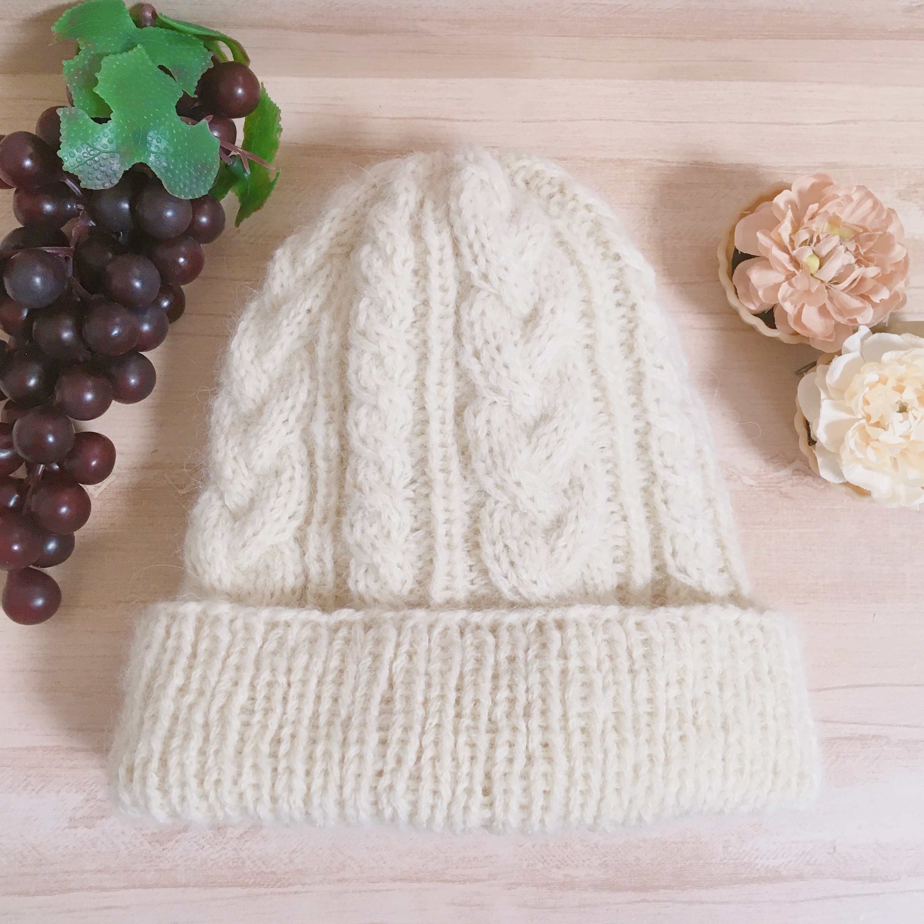 アラン模様のふわふわニット帽