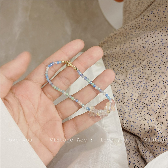 韓国ファッション　蝶の水色　ビーズブレスレット　アクセサリー 6029 2枚目の画像