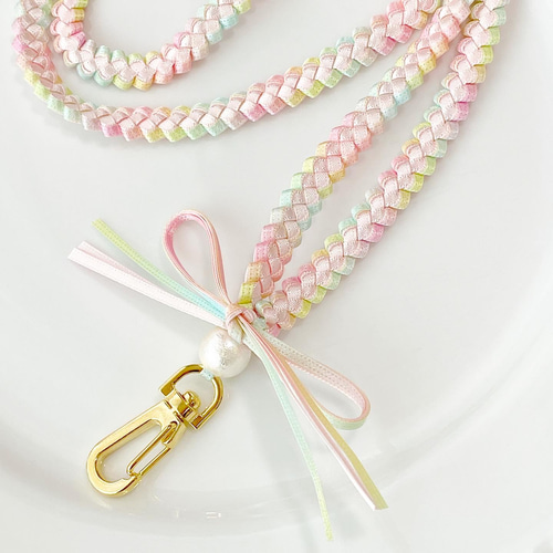 再販×8♡リボンレイのネックストラップ（サクラ×パステルレインボー