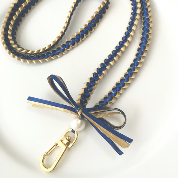 再販×37♡リボンレイのネックストラップ（ネイビー×ゴールド） ネック