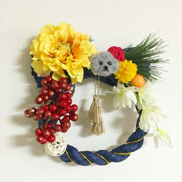【一点物】『花しめ縄（トイプードル/グレー）』お正月飾りお正月リースしめ飾り 2枚目の画像