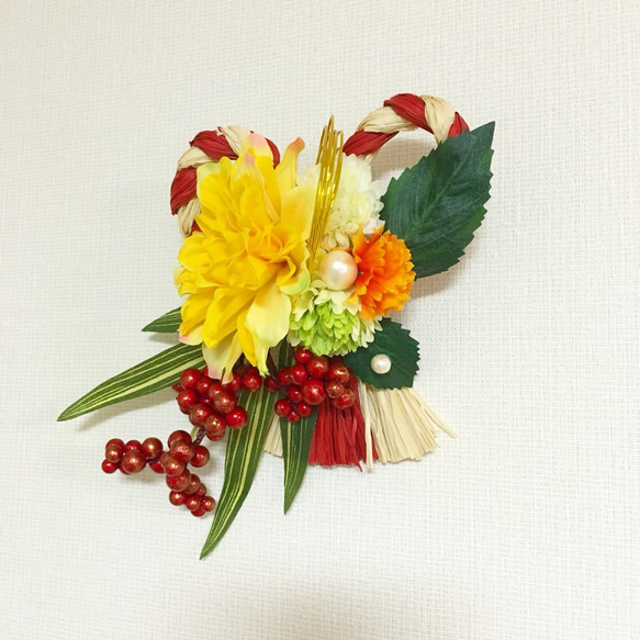 【一点物】ダリアとマムの花しめ縄（ハート型）お正月飾りお正月リースしめ飾り 3枚目の画像