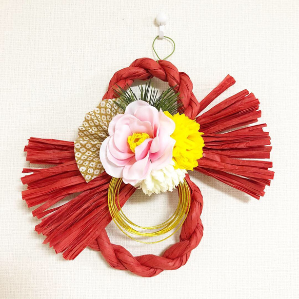 寒椿の花しめ縄（赤） お正月飾りお正月リース しめ縄・しめ飾り