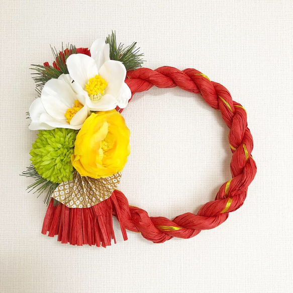 白椿の花しめ縄 (リース型) お正月飾りお正月リースしめ飾り しめ縄