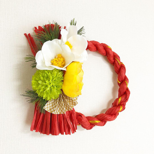 白椿の花しめ縄 (リース型) お正月飾りお正月リースしめ飾り しめ縄