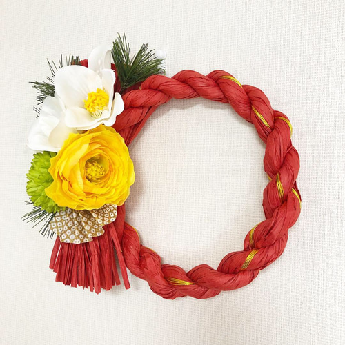 白椿の花しめ縄 (リース型) お正月飾りお正月リースしめ飾り しめ縄