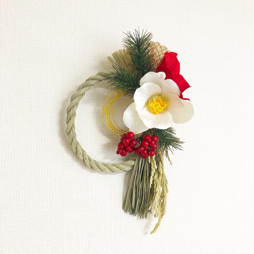 ラスト1点】紅白椿の花しめ縄(稲穂2024) お正月飾り お正月