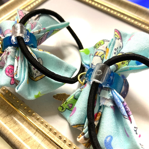 696可憐な♡レジンヘアゴム フレッシュグリーン＆イエロー シルバーリボン 大人気 ゴムの付け替え可能 リボン レジン ヘアゴム 子供 ヘアゴム