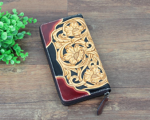 手彫り革財布　カービングロングウォレット 本革 大人可愛い手彫りレザーカービングロングウォレット その他ミニ