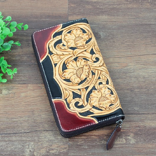 本革 大人可愛い手彫りレザーカービングロングウォレット その他ミニ