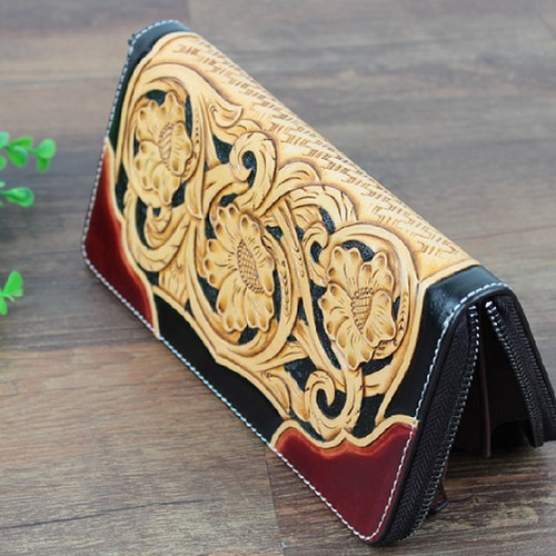 本革 大人可愛い手彫りレザーカービングロングウォレット その他ミニ