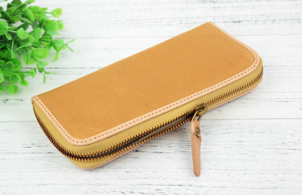 キャンバス＋牛革 異素材クラシックロングウォレット ♪Brown♪