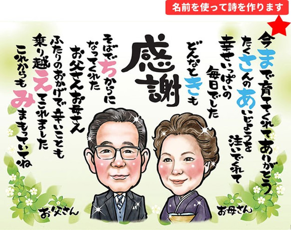 結婚式の両親プレゼントに「似顔絵名前詩新郎新婦セット」 4枚目の画像