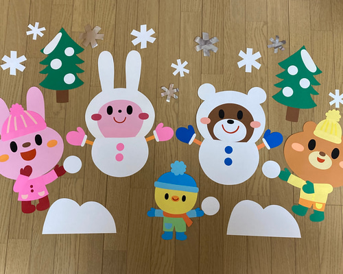 オーダー受付中】雪だるま 壁面飾り くま うさぎ 冬 壁面装飾 保育園