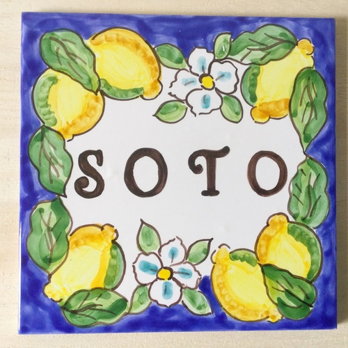 タイル 表札 15cm角 PSL006 マヨリカ焼き レモン柄 看板 イタリア陶器