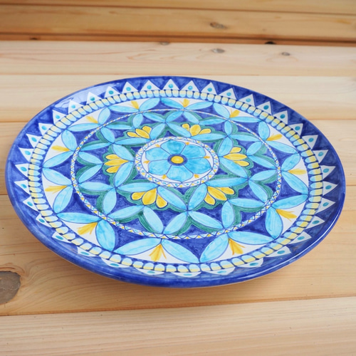絵皿 26cm GEO015 マヨリカ焼き イタリア陶器 青いお皿 幾何学