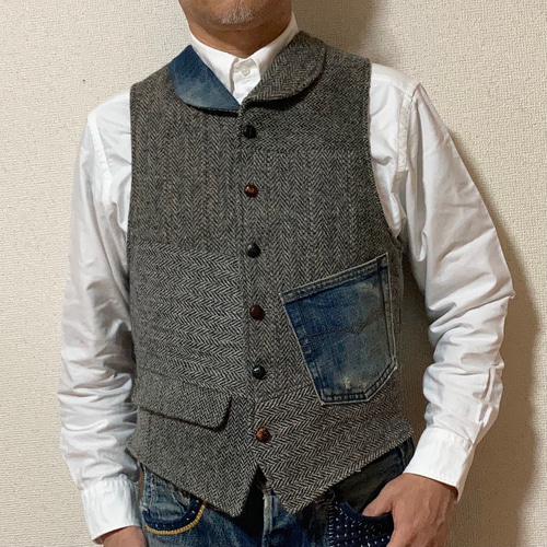 ハリスツイード パッチワーク ベスト ブラウン系 Harris Tweed