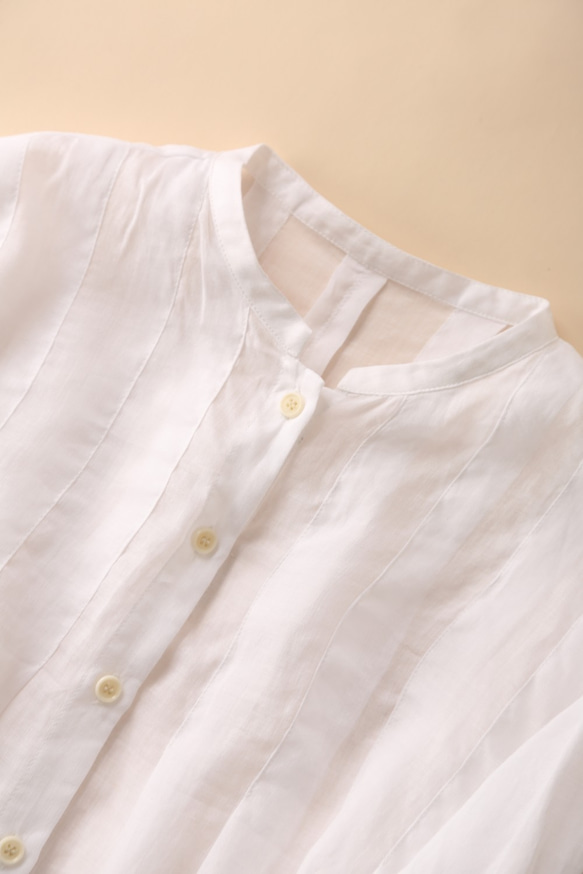 舒緩質感♪ 100%天然亞麻襯衫 防曬上衣 前後褶邊 白色 200802-1 第4張的照片