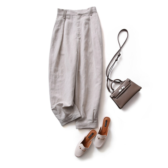 きれいに穿けるフロントタックパンツ　リネン100％　裾絞りハイウェストパンツ　200805-1 1枚目の画像