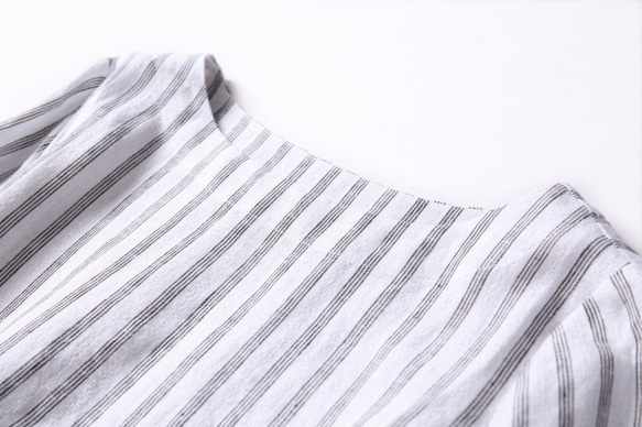 抗皺 100% 條紋亞麻細四分之三袖連身裙 200908-1 第3張的照片