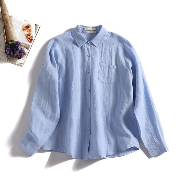 ★サンプルセール★二点のみシンプルなシャツスタイルこそこだわりを リネンシャツ　ライトブルー 1枚目の画像