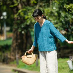 何枚も欲しい！洗練されたシンプルリネンブラウス　Tシャツ　13カラー展開　8分袖　Vネック  210404 5枚目の画像