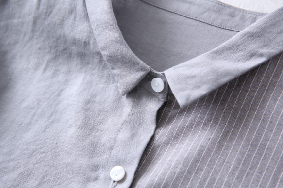 他にないデザイン♪ストライプ切替シャツ　リネン100％　長袖シャツ　グレー210801-1 4枚目の画像