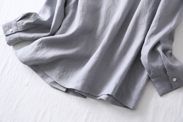 他にないデザイン♪ストライプ切替シャツ　リネン100％　長袖シャツ　グレー210801-1 9枚目の画像