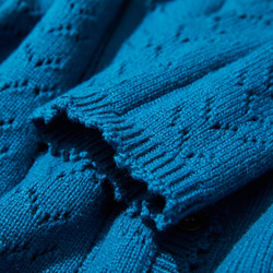 表情豊かなウールカーディガン手編みアラン模様と透かし模様のカーディガン　孔雀青　211201-1 6枚目の画像