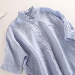 t160712襯衫大麻天然亞麻裁剪和縫製涼爽襯衫上衣純色 3/4 袖 第3張的照片