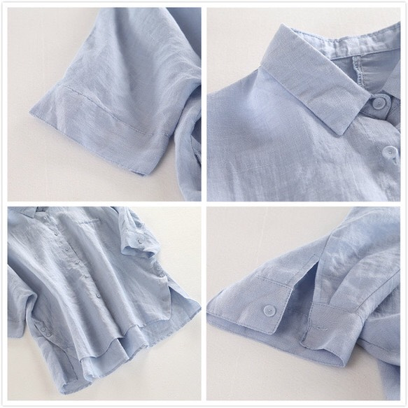 t160712襯衫大麻天然亞麻裁剪和縫製涼爽襯衫上衣純色 3/4 袖 第4張的照片