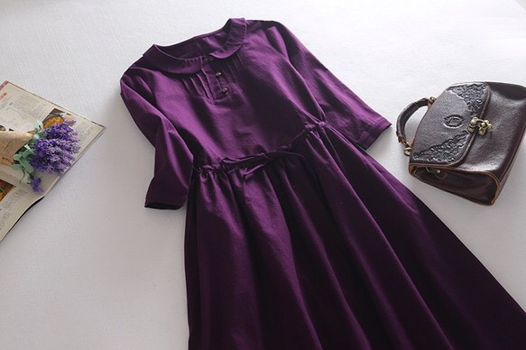f157（再販8）新作　丸襟　綿麻　レトロ　ロンングワンピース　紫 2枚目の画像