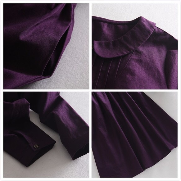 f157（再販8）新作　丸襟　綿麻　レトロ　ロンングワンピース　紫 4枚目の画像