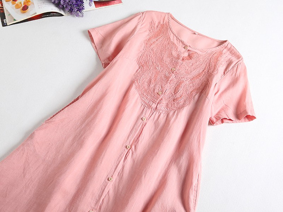 f211シルクと麻生地　刺繍　半袖ワンピース　ピンク 2枚目の画像